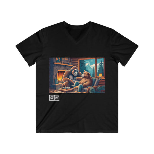 Gorilla and bear in love at the cabin - V-Neck